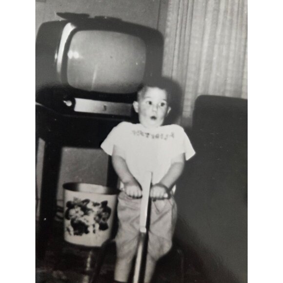 VTG B & W Photo Funny Face Boy On Toy Horse Retro TV cowboy Surprise - Picture 2 of 5